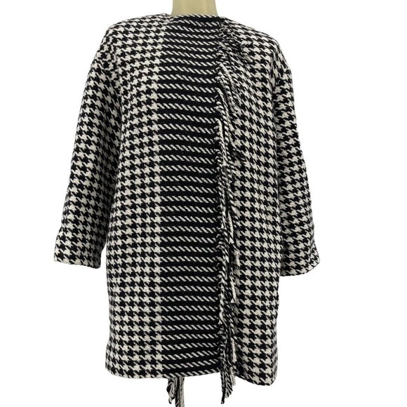 Marella by Max Mara Coat houndstooth Wool Blend Black Fringe Woman’s Size 6 New - Picture 1 of 5